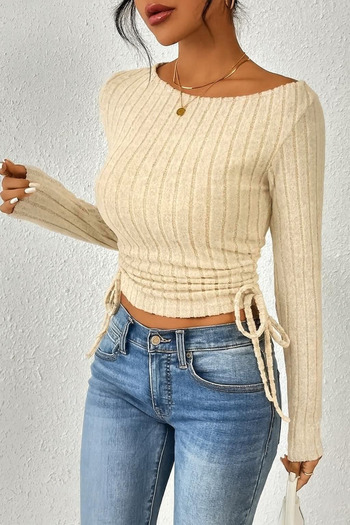 Wildco Beige Boat Neck Long Sleeve Side Gathered Lycra Crop Blouse Top