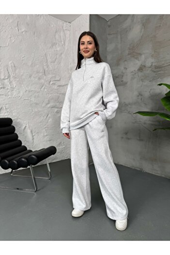 Elif Özbey Butik Gray Half-Zipper Ribbed Sweat Suit