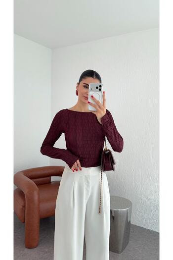 HAZELANNA Self-Patterned Burgundy Blouse