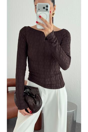 HAZELANNA Self-Patterned Brown Blouse