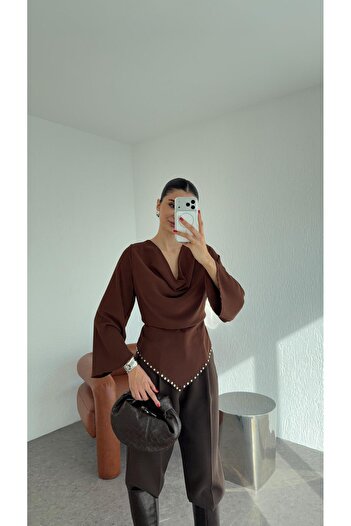HAZELANNA Studded Asymmetrical Brown Blouse