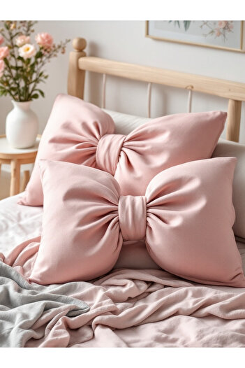 JACA Bow-Looking Inner-Filled Decorative Linen Fabric Pillow Ribbon Gift Throw Pillow Cushion Set (2 Pieces)