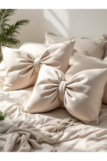 JACA Bow-Looking Inner-Filled Decorative Linen Fabric Pillow Ribbon Gift Throw Pillow Cushion Set (2 Pieces)