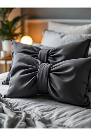 JACA Bow-Looking Inner-Filled Decorative Linen Fabric Pillow Ribbon Gift Throw Pillow Cushion Set (2 Pieces)