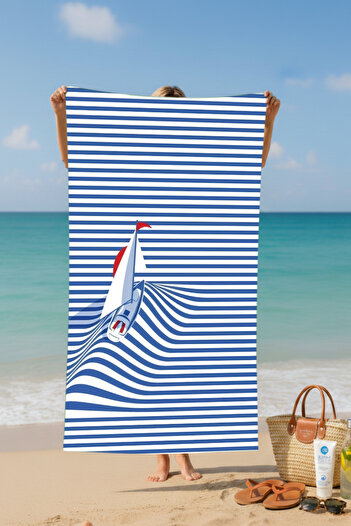 BETHA Blue Striped Ship Cotton Beach Towel – Patterned Design – 75X150 cm