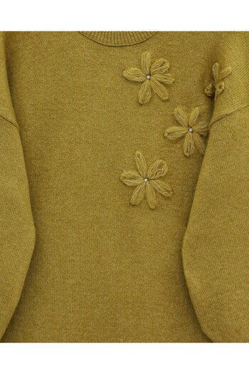 Modamorfo Floral Patterned Stoned Soft Knit Sweater - Oil Green