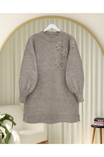 Modamorfo Floral Patterned Stoned Soft Knit Sweater - Earth