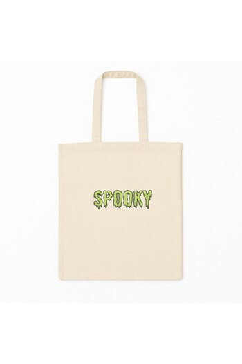 SHOPIENS Halloween embroidered tote bag Spooky pattern Beige green