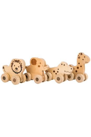 Small Foot Pull/push toy, for motor development, made of wood, on wheels, in the shape of an animal