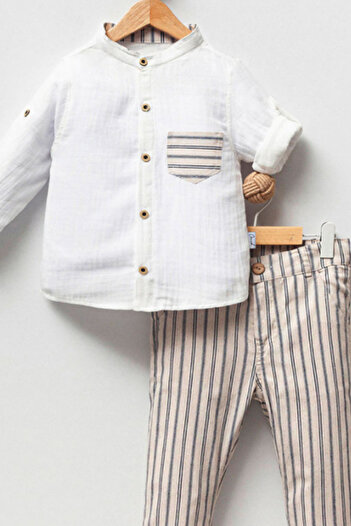 Naka Concept Striped Trousers and Pocketed Shirt Linen 2-Piece Boys' Set
