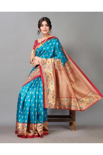 iza Peacock Blue And Beige Silk Saree