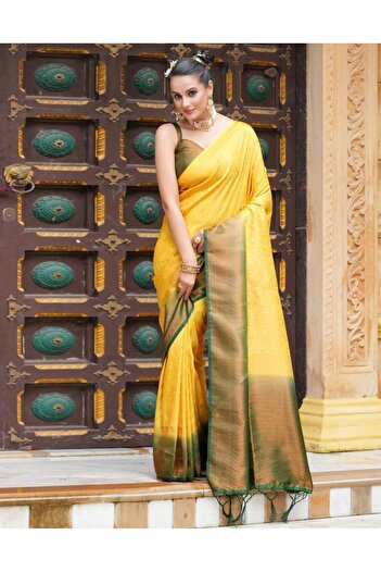 iza Yellow Silk Weaving Kanjivaram Saree