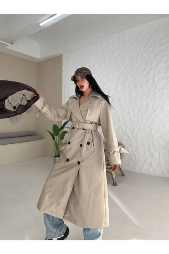 buqre's moda Women's New Season Epaulet Detailed Belted Cape Long Leather Trench Coat