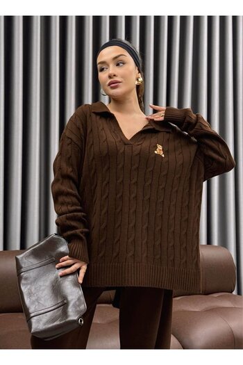 Cardella Polo Neck Teddy Bear Embroidered Knitwear Double Set |   Hijab-Friendly Pantsuit