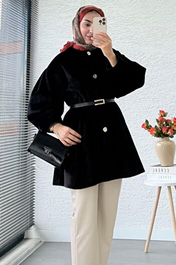 MELEK ARAZ Premium Tay Feather Gold Button Short Coat - Black