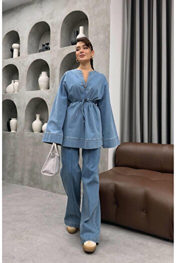 Cardella Denim Two-Piece Set with Metal Accessories for Women |   Pants Hijab Matching Jean Set