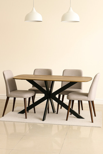 MARIA HOMES Modern Brown Dining Table – 180×90×75 cm | Elegant Wooden Top Table with Black Metal Cross Legs
