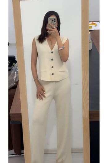 MA ananas Women's Modern V-Neck Vest and Pants Suit