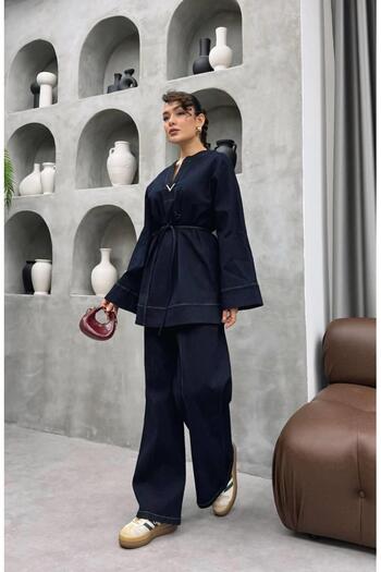 Cardella Denim Two-Piece Set with Metal Accessories for Women |   Pants Hijab Matching Jean Set