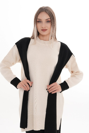 H&E LUXURY DESIGN Women's Black Ecru Knitwear Set – Oversized Sweater and Wide-Leg Pants