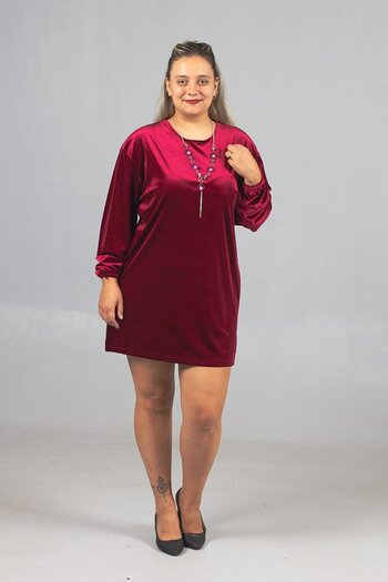 Truva XXL Maximal Elegance Plus Size Burgundy Velvet Tunic with Necklace