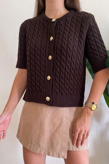 Nazline Women's Hair Braided Crew Neck Buttoned Short Sleeve Knitwear Cardigan