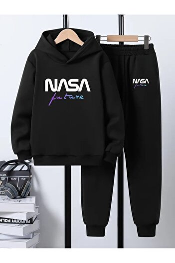 buendiakids Boy's Black Nasa Future Printed Hooded Sweatpants Set