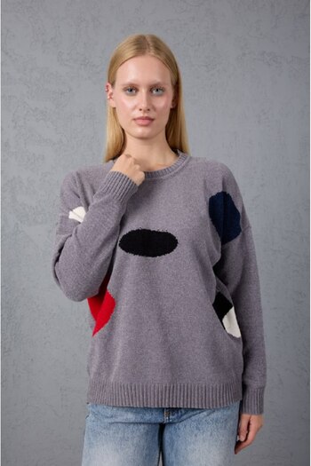 Coşkun GİYİM Women's Crew Neck Chenille Velvet Color Block Sweater Gray 11809