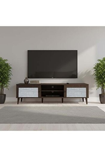 BAITY 10 TV Table 160 cm Malaysian Wood 2 Drawers and Shelves - Brown and Gray