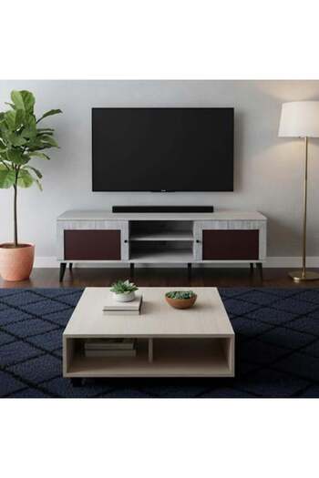 BAITY 10 TV Table Malaysian Wood 180 cm with 2 Drawers and Shelves - Gray and Dark Brown