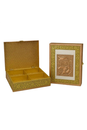 doneel Traditionally Decorated Square Dry Fruit Box With 4 Partition- Golden