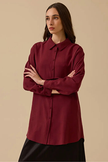 SEÇİL Women's Shirt Collar Long Sleeve Basic Tunic - Burgundy