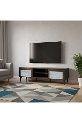 BAITY TV Stand 180 cm Malaysian Wood 2 Drawers and Shelves - Brown and Gray
