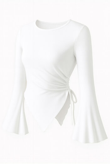 Wild Flower White Round Neck Drape Detail Spanish Sleeve Hijab Matching Top Blouse