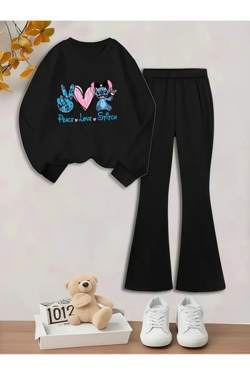 buendiakids Set de pantaloni spanioli cu gât rotund, cu imprimeu Peace Love Stitch, negru, pentru fete