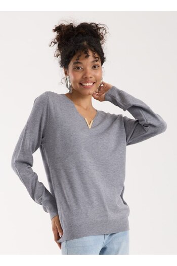 Coşkun GİYİM Women's V-Neck Accessory Sweater Gray 311863