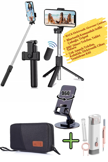 Mack Electronic Accessories Bag, Selfie Stick, Phone Tablet Holder, Cleaning Kit
