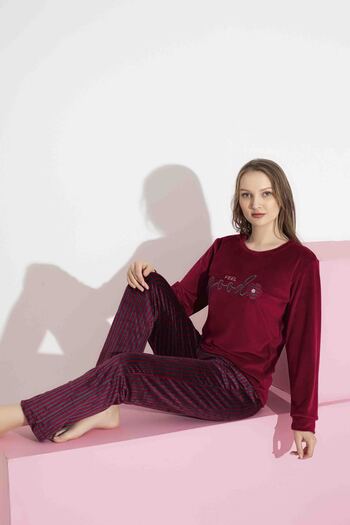 Mine style Mother Daughter Velvet- Red Bonjour Embroidery Striped Patterned Winter French Velvet Pajama Set