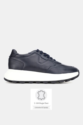 TUNAELLİ Men's Dark Blue Genuine Natural Leather Size 39-46 Eva Sole Lace-Up Sneaker Shoes