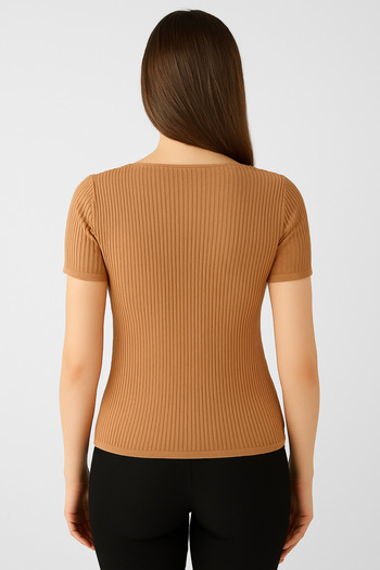 TİSTA Women's Biscuit Mercerized High Quality Short Sleeve Blouse Ribbed Stretchy Soft Slit Square Neck
