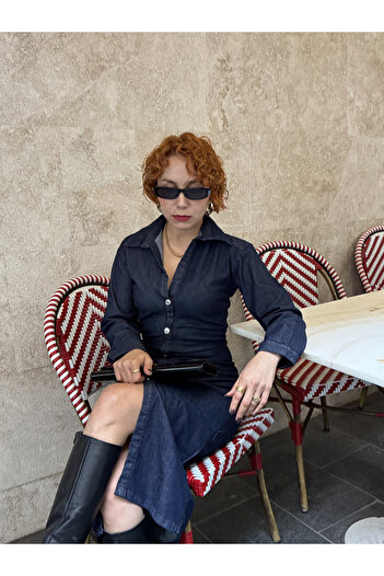 Bak'ap Premium Denim Uzun Kollu Düğmeli Maxi Kot Elbise
