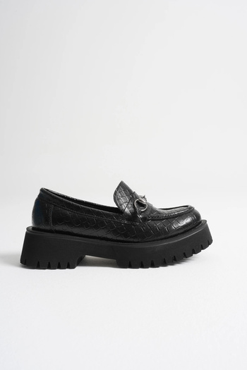 MFT AYAKKABI Women's Daily Comfortable Buckle Loafer Black Crocodile