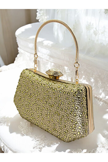 Biçanta Gold Gold Color Stone Pearl Detailed Handle Women's Evening Dress Bag Wedding Engagement Graduation