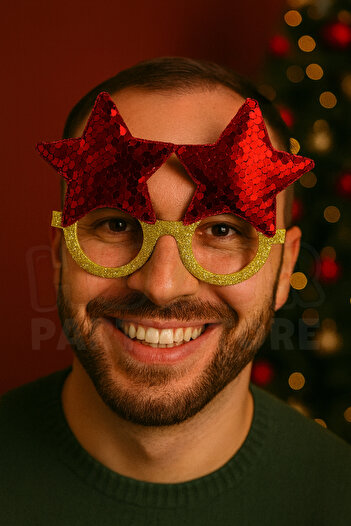 Huzur Party Store New Year's Glasses Star Shaped Unisex Gold Frame New Year's Glasses Accessory Covered with Red Sequins