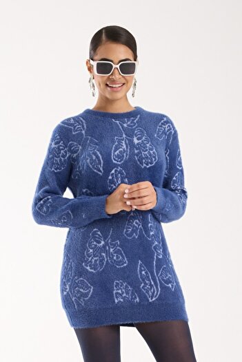 Moda Days Women's Indigo Beard Yarn Leaf Patterned Crew Neck Knitwear Blouse