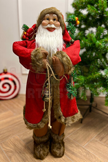 Huzur Party Store 90 Cm Hediye Çuvallı Noel Baba Figürü Prime Seri Kırmızı Kürklü Yılbaşı Yeni Yıl Çam Ağacı Dekoru