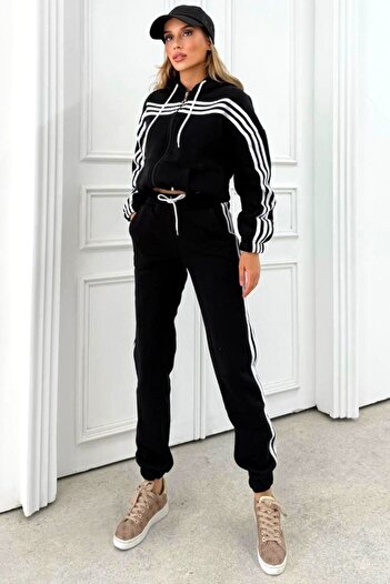 FashionForYou VELORA padded tracksuit, hoodie and pants with elastic band, Black, XL