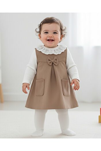 VEGAMOD Girl's Festo Collar Bow Pocket Suede Body Dress