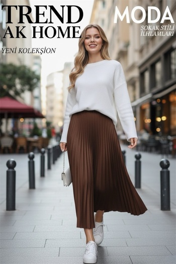 OSKAR FIRÇA Elastic Waist Pleated Skirt in Bitter Brown Color
