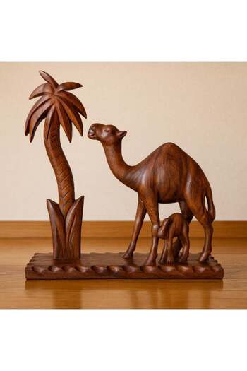 Generic Hand Crafted Wooden Camel And Palm Tree Decorative Display Piece